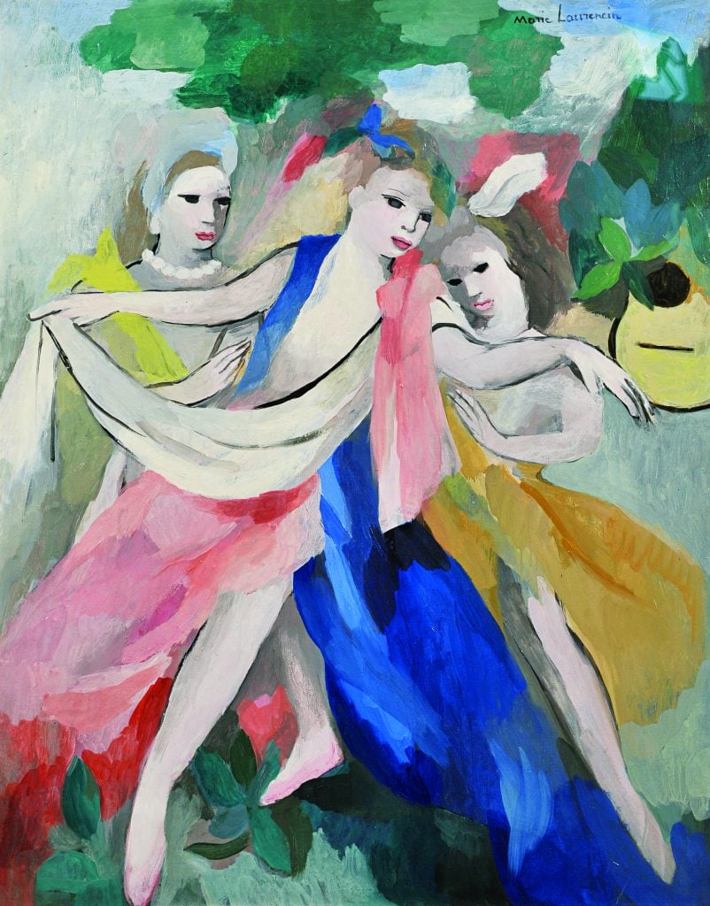 Abstracted painting by Marie Laurencin showing three figures in dresses dancing towards the front, a highlight of the forthcoming FAB Paris.