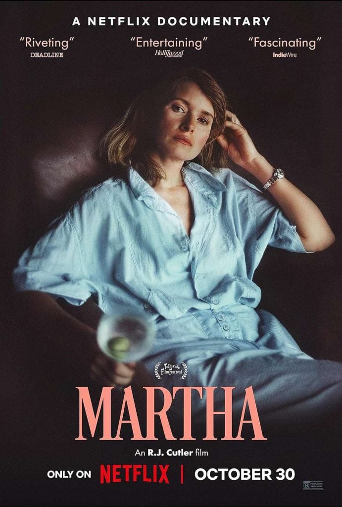 Poster for the documentary "Martha," showing Martha Stewart reclining in an armchair in a large shirt, a glass of wine by her side