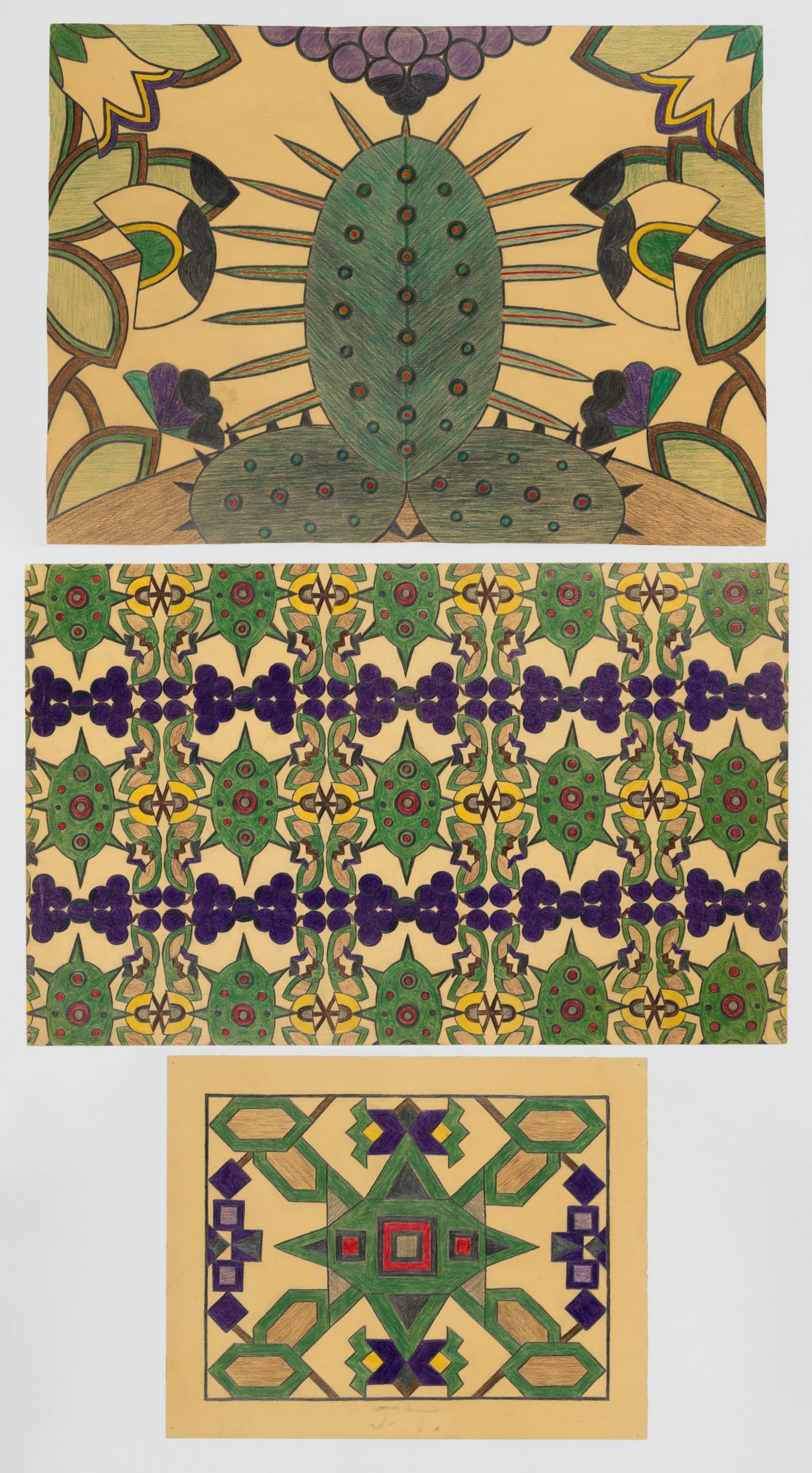 Mary Sully, JT (Julia). The “Julia” of this portrait remains unidentified. The organic patterns of the red-spotted green cactus leaves, grapes, tulips, and other flowers in the three panels create a kaleidoscopic design that evokes the geometric abstraction of Plains Indian women’s creations.