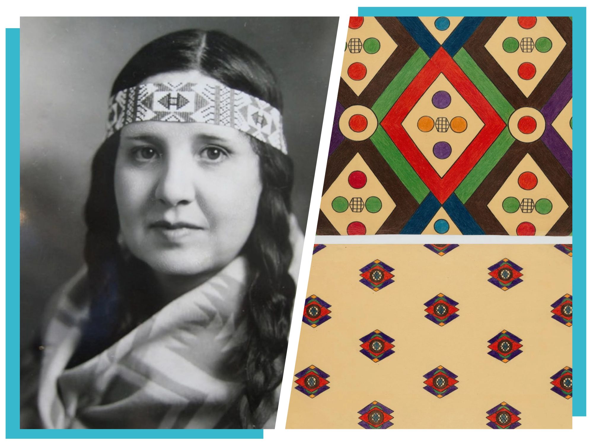 a split image of a black and white portrait of an indigenous woman and her artwork