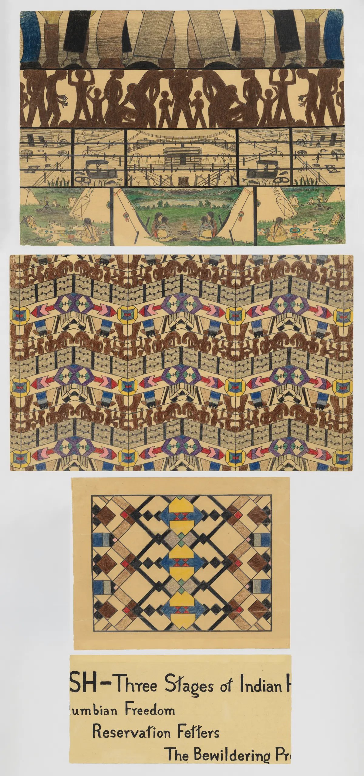 Mary Sully, Three Stages of Indian History: Pre-Columbian Freedom, Reservation Fetters, the Bewildering Present (ca. 1920s–40s). It's a four panel drawing, with the name of the work written in black lettering on the lower panel. The top panel is four vertical layers, with Native women outside tipis in the wilderness on the bottom, a black and white reservation behind barbed wire above, stylized brown figures above that, and the feet of white men on the top. All four layers are symmetrical along a vertical axis. The middle two panels are more decorative, with the four layers converted into a textile-like print, and then a geometric Native American-inspired pattern.