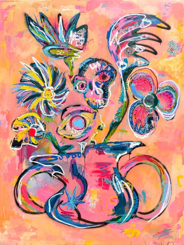 Painting by Matthijs Scholten of a bouquet of flowers with two having skulls instead of flowerheads, in an elaborate vase against a mottled orange and pink background.