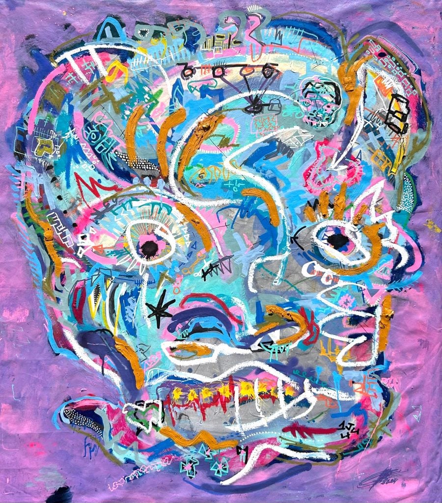 Painting Matthijs Scholten of an amorphous face in multicolor against a mottled purple background.