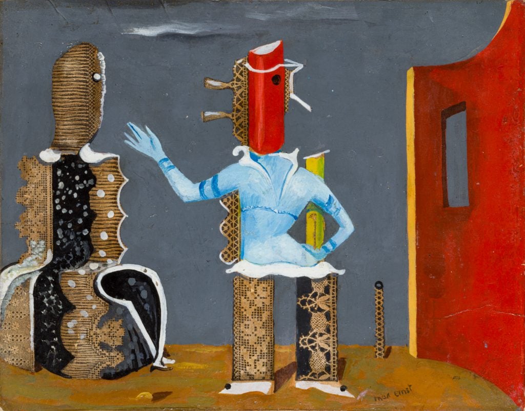 Oil on printed paper image of two fictional figures comprised of various inanimate objects, along the right a red wall with orange-yellow trim.