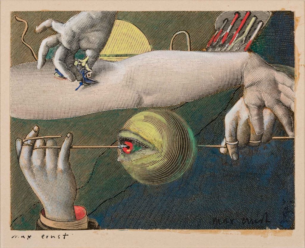 Illustration for the cover of Paul Eluard's 'Répétitions' by artist Max Ernst, showing an arm stretching across and a hand reaching from the bottom of the frame and above all flossing a thread through a disembodied eye.