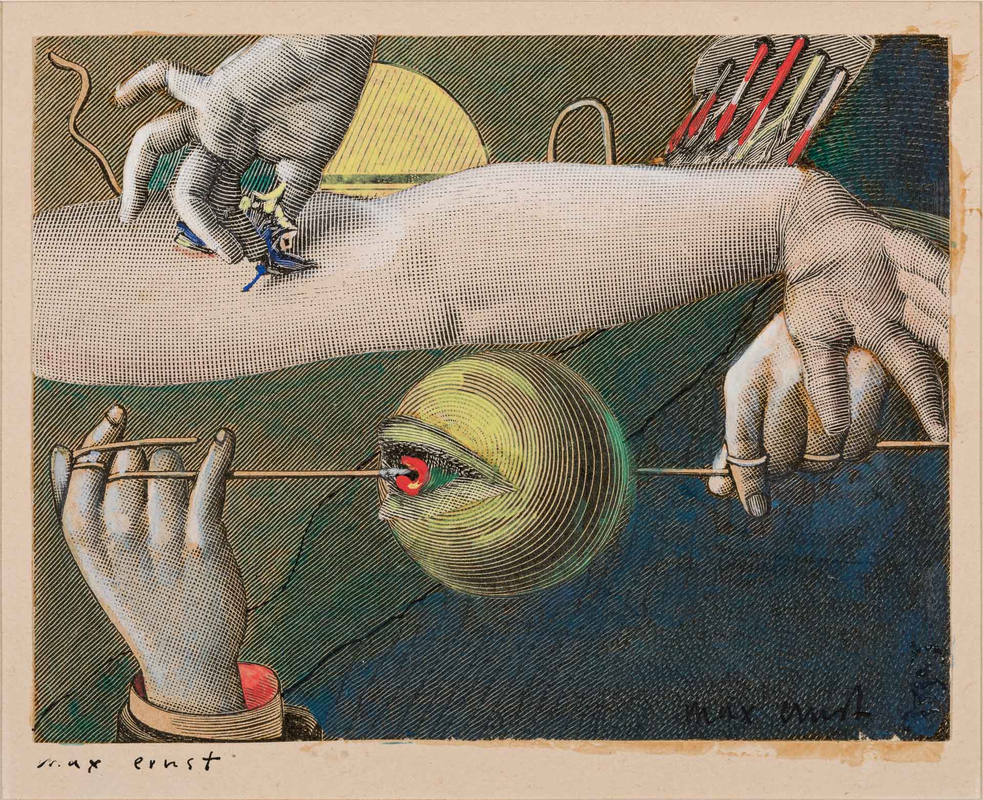 Illustration for the cover of Paul Eluard's 'Répétitions' by artist Max Ernst, showing an arm stretching across and a hand reaching from the bottom of the frame and above all flossing a thread through a disembodied eye.