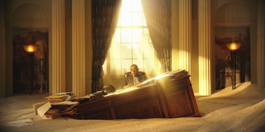 Still from Megalopolis showing a man at his desk in an office which is half-filled with sand