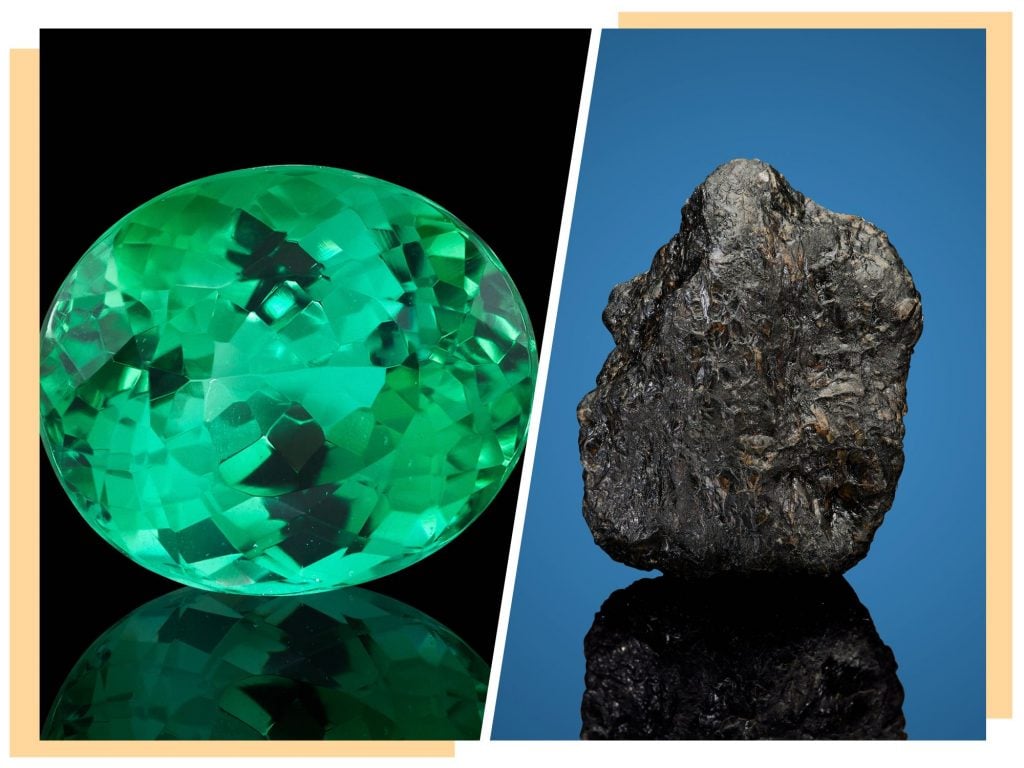 a green gemstone and a meteorite