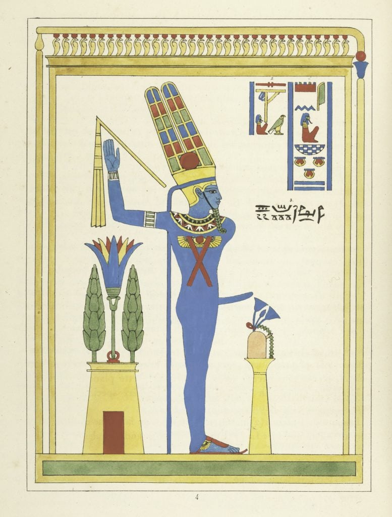 Ancient Egyptian god Min, the god of reproduction and fertility, illustration from the book "Pantheon Egyptien" by Leon Jean Joseph Dubois, 1824.