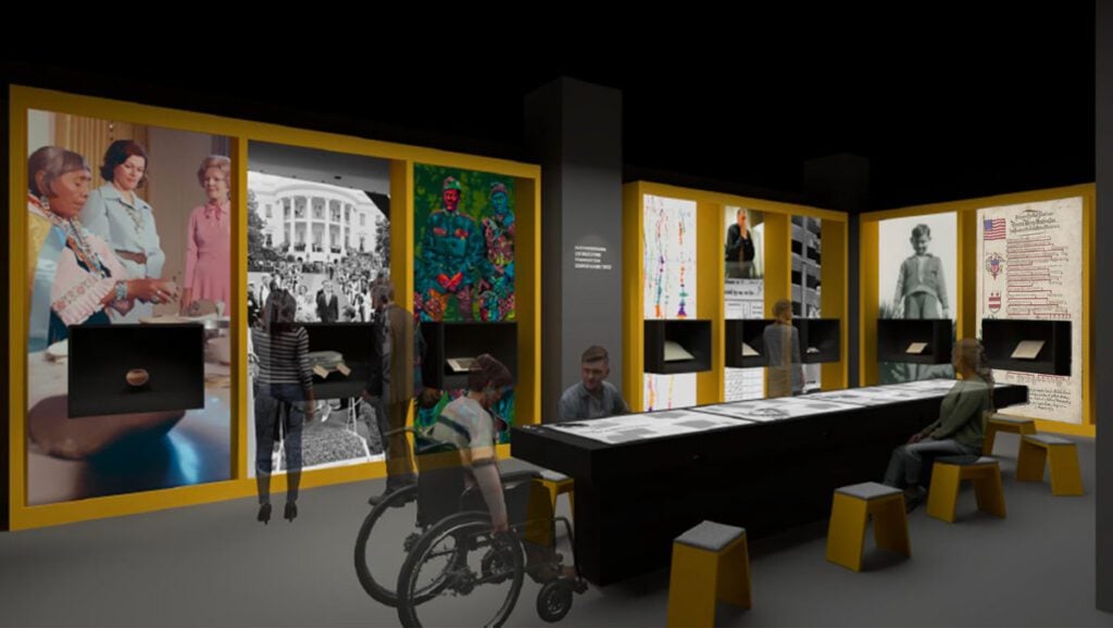 A rendering of a planned gallery at the National Archives Museum, with wall displays and visitors seated at a table