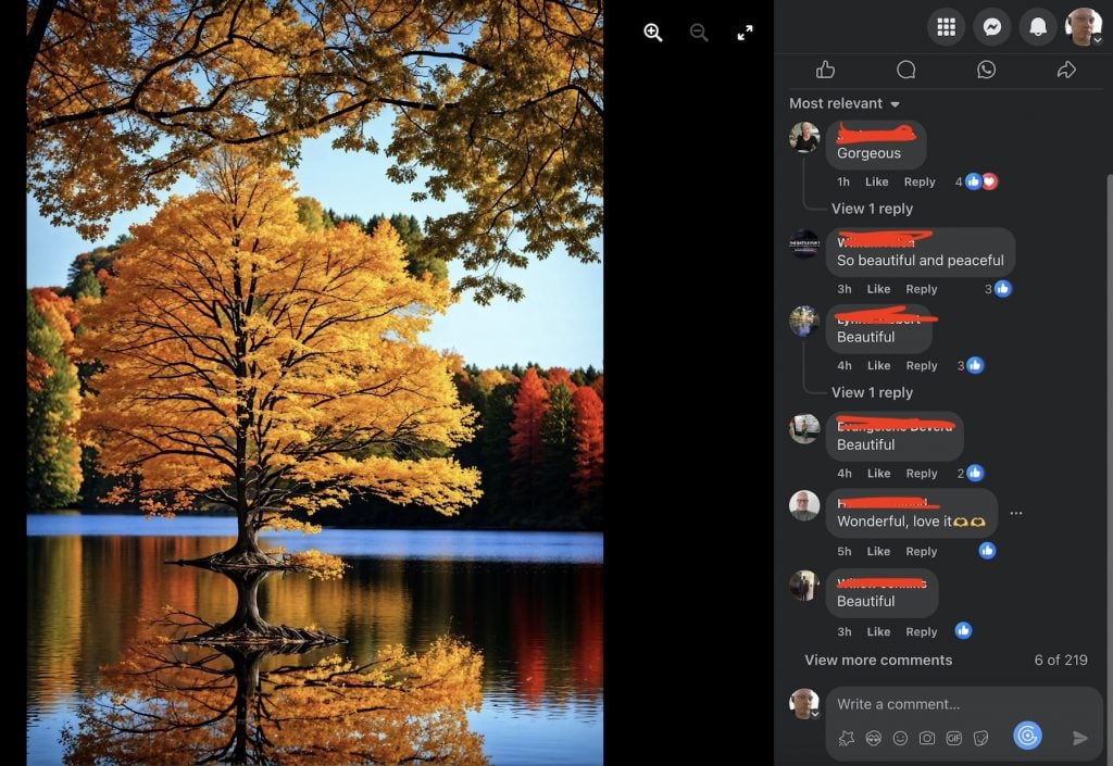 An image of a tree in a lake with orange leaves and a repeating reflection in the water below