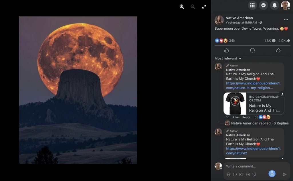 A Facebook page featuring an image of "Devil's Tower" with a huge red moon