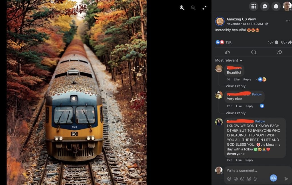 An image of a train going through an autumn forrest from a Facebook page