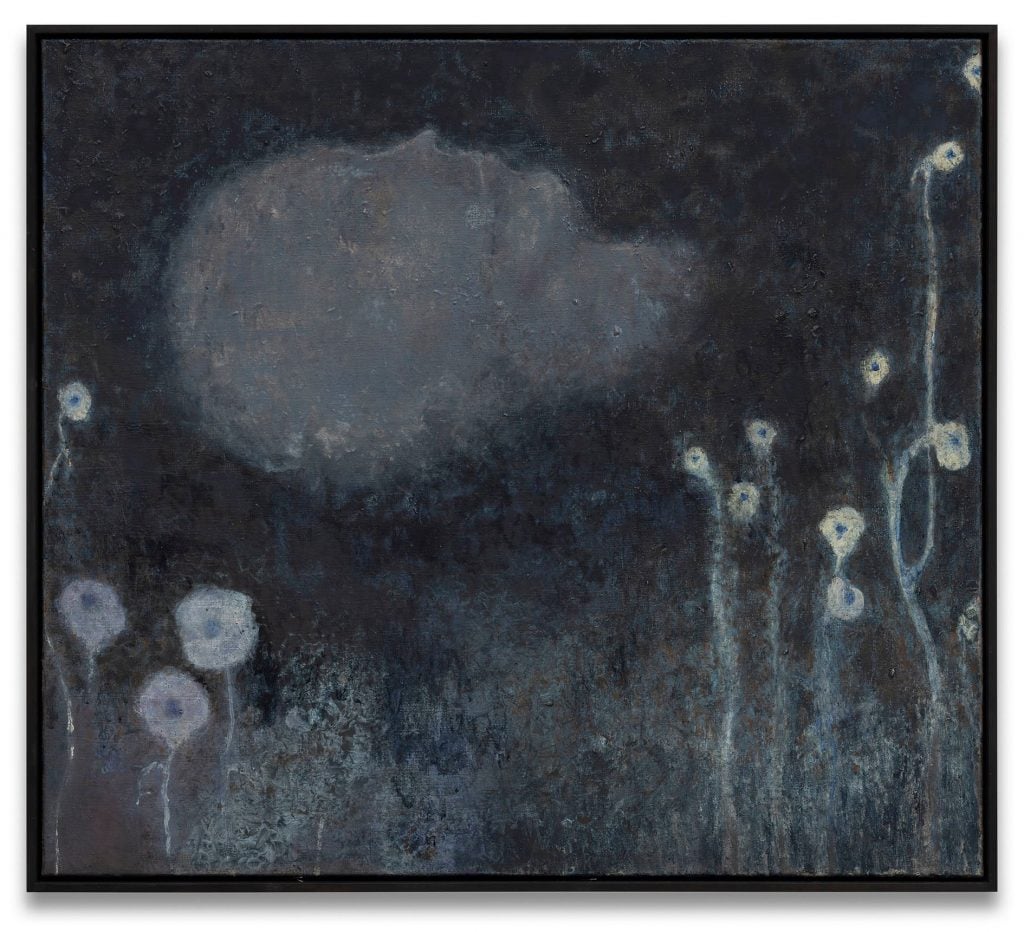 Artnet Gallery Network artist Oliver Bak painting in shades of black and gray, a ghostly outline of a human head laying down surrounded by little flowers.