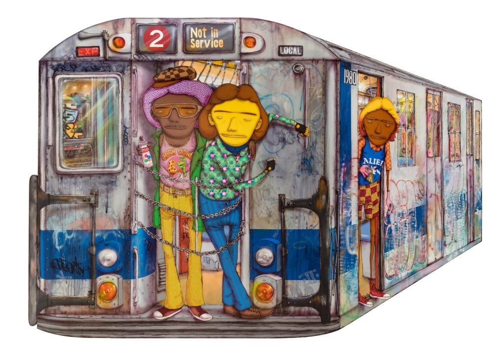 drawing of a subway car covered in graffiti in front of a white background with several cartoony looking people with bright yellow faces and small facial features emerging from the doors and windows