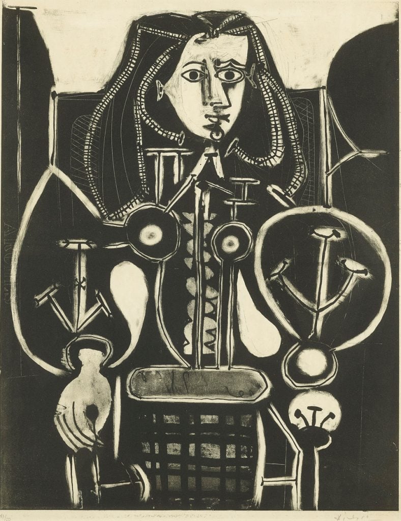 Black and white woodblock print by Pablo Picasso showing a stylized depiction of a woman wearing elaborate dress made of various objects and shapes.