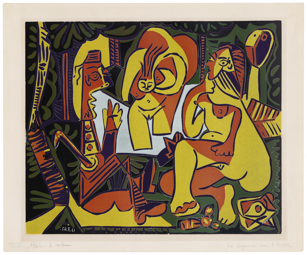 Print in Fauvist colors by Pablo Picasso showing several abstracted figures rendered in bold black linework, presented by Beck and Eggeling International Fine Art.