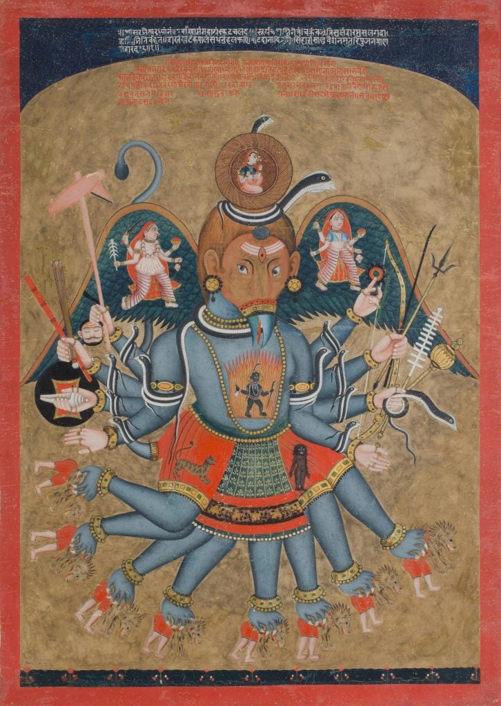 painted image of a large blue monster with multiple feet and the head of a bird against a richly decorated background filled with complicated geometric shapes