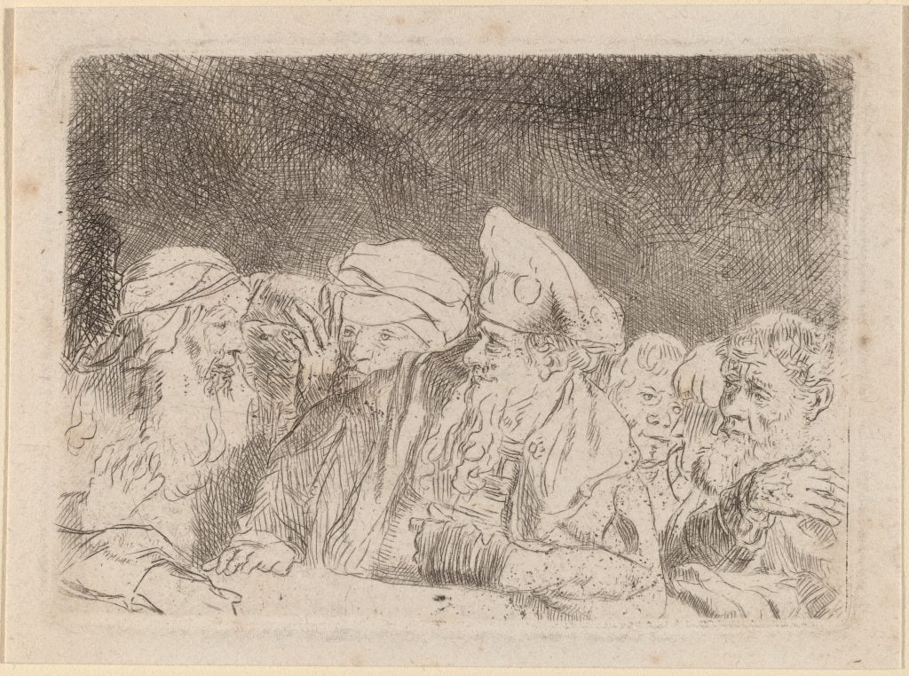 A Rembrandt print shows pharisees in debate