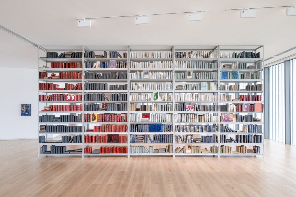 Expansive library bookshelf filled with neatly arranged books in various colors, displayed in a bright, modern room with wooden floors and large windows.