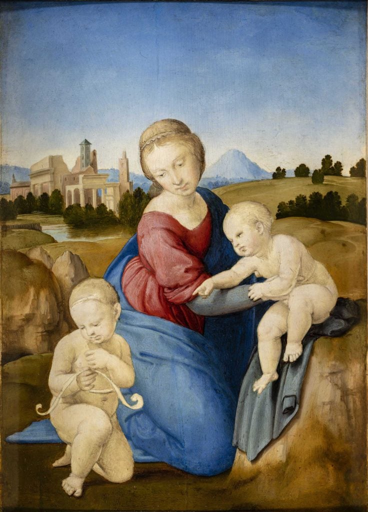 A painting of the Virgin Mary wearing pink and blue with two infant children against a deep landscape.