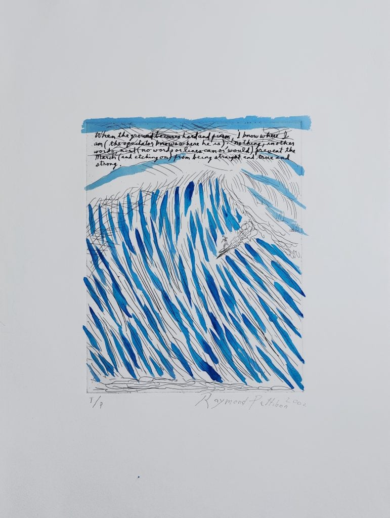 Print by American artist Ray Pettibon showing the ocean in small blue brushstrokes over pencil lines, with text in black ink hand scrawled in several lines across the top.