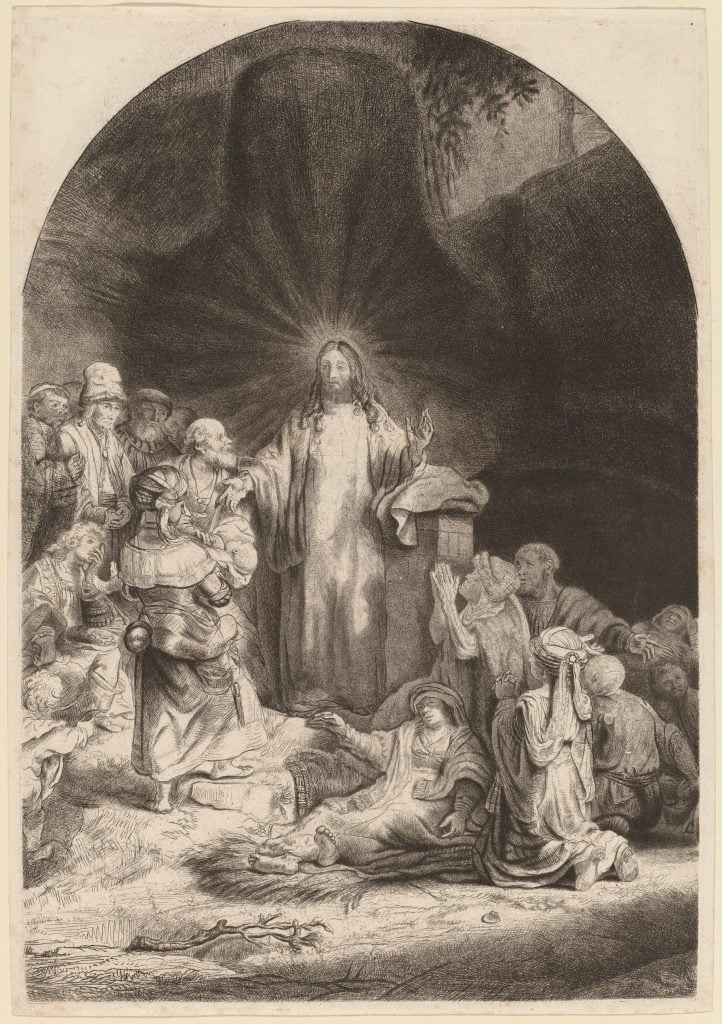 A reworked version of Rembrandt's image of Christ healing the sick