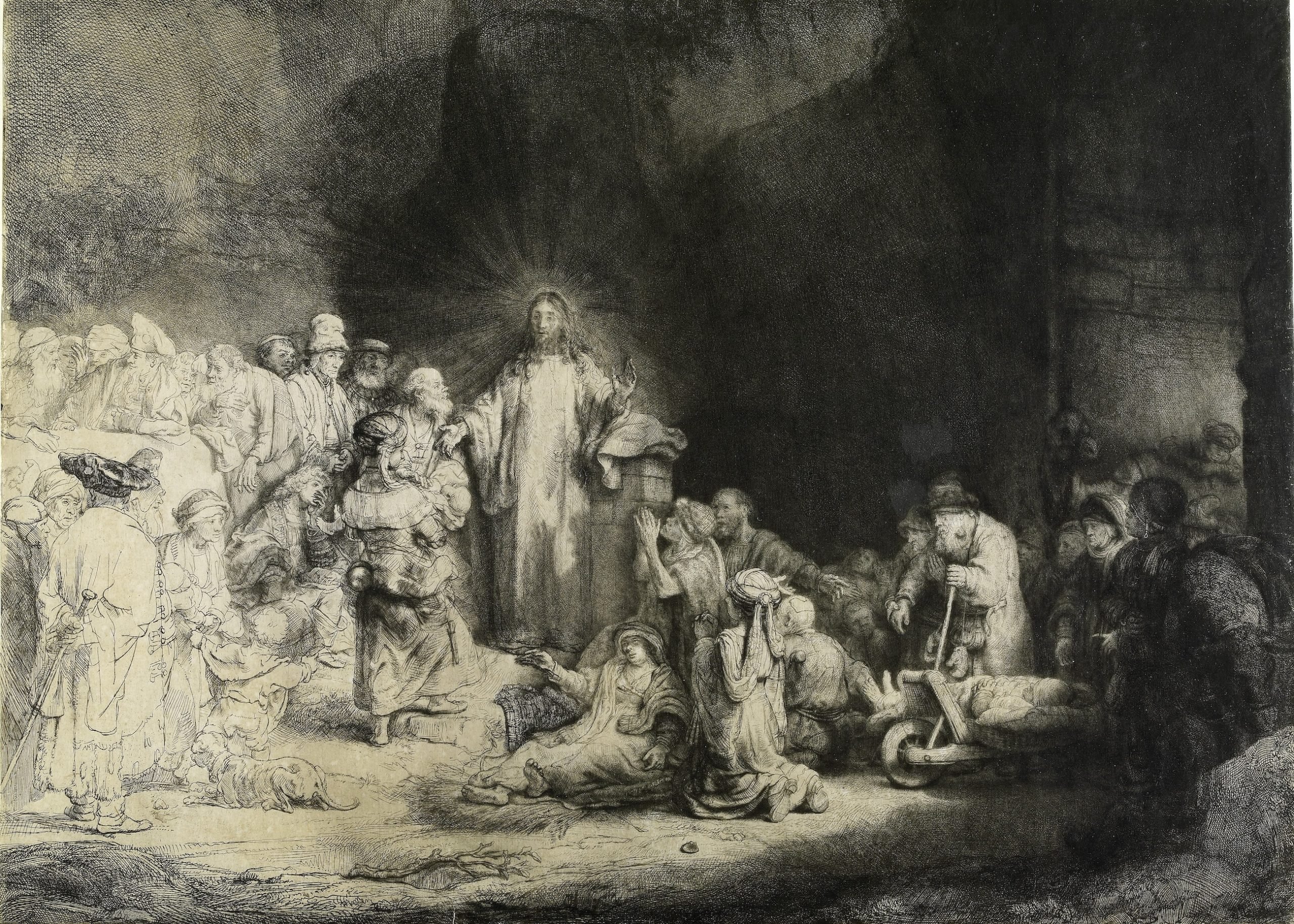 An artwork by Rembrandt shows Christ healing the sick