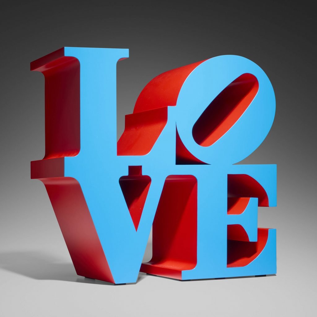 Lot in rago / wright post-war and contemporary art sale of Robert Indiana's iconic LOVE sculpture in blue and red.