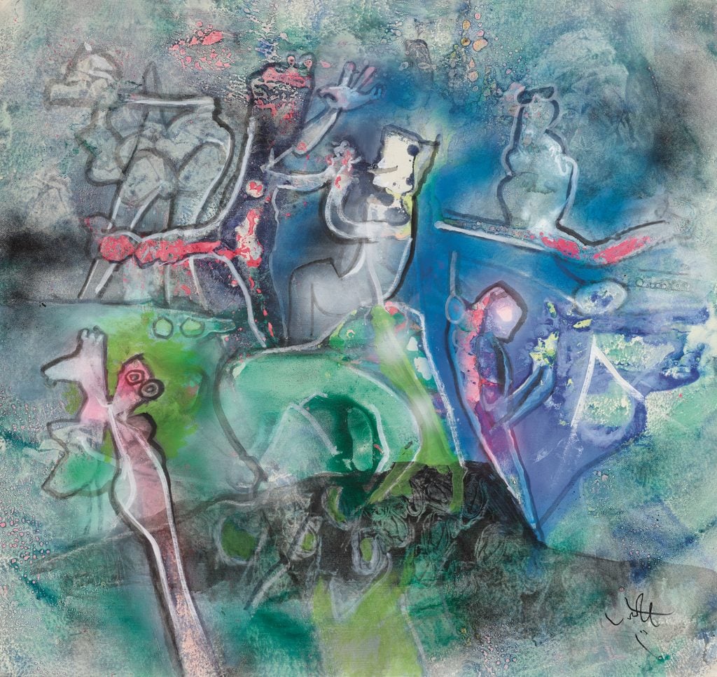 A semi abstract painting with rudimentary figures throughout and highlights of fluorescent paint by artist Roberto Matta and presented by Cowley Abbott.