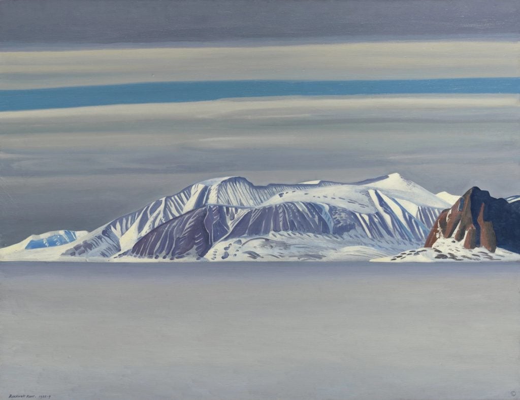 Rockwell Kent, Gray Day (1935–37). A Modernist landscape of a desolately beautiful scene of a snowy mountain in Greenland.