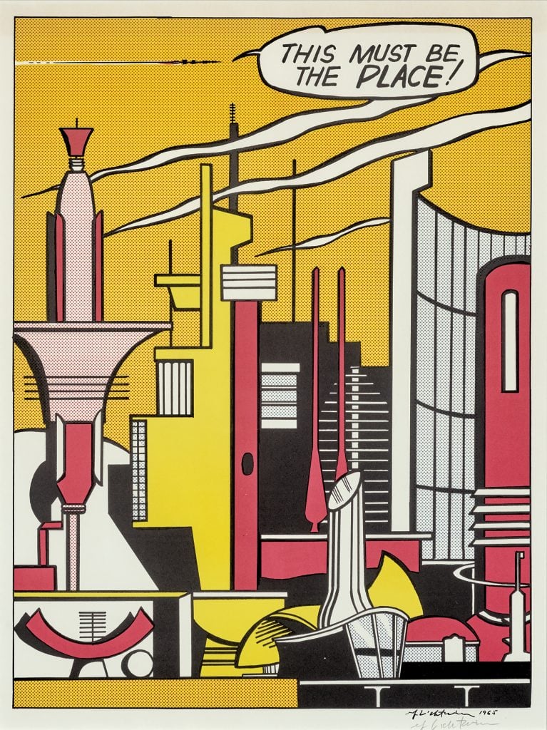 A print by roy lichtenstein with a dialogue bubble reading "this must be the place" and featuring a futuristic city with a mustard yellow sky, included in the Cowley Abbott sale Important Canadian and International Art