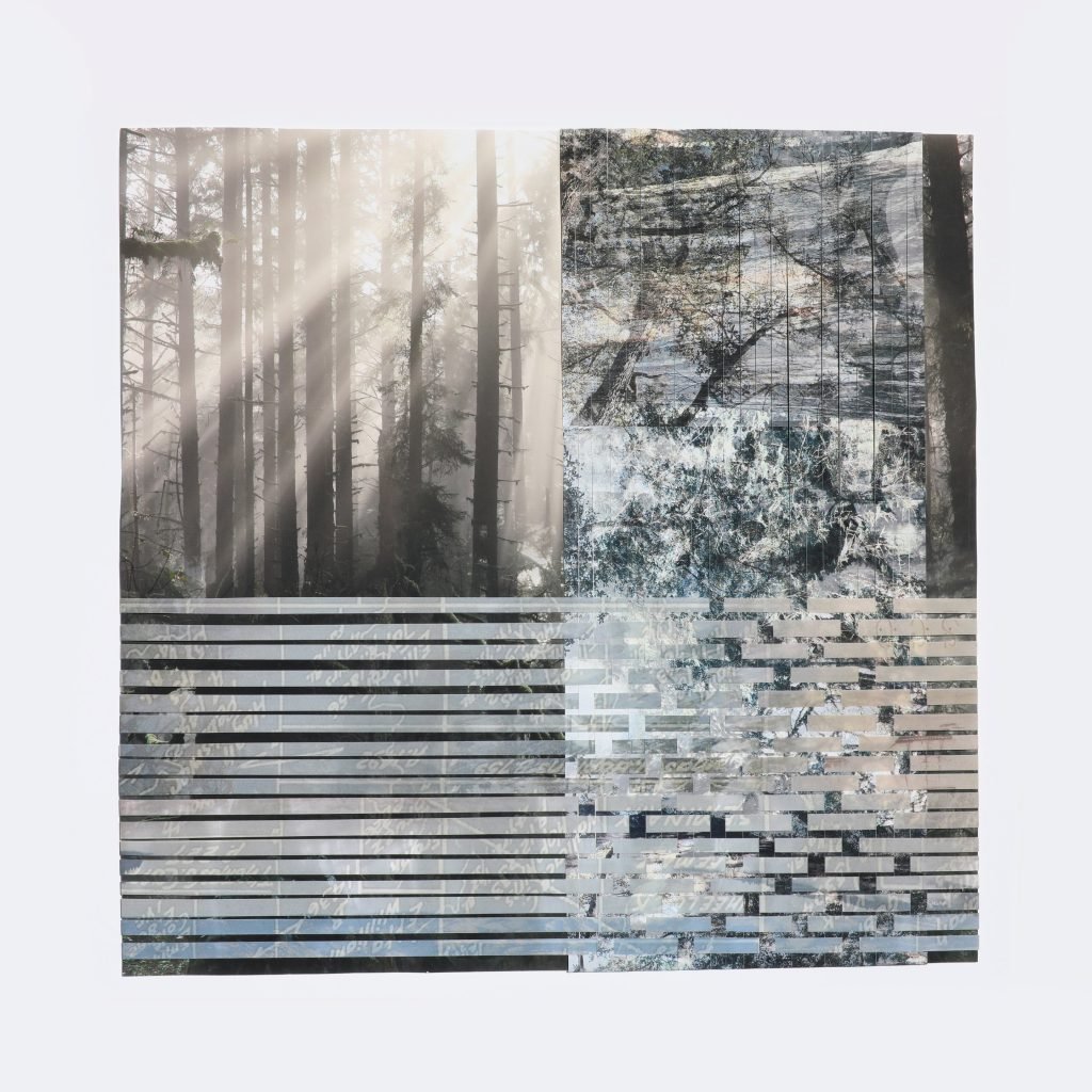 Artnet Gallery Network artist Sarah Sense, a four quadrant where pieces of a photograph of light through forest treeshave been woven variously in each.