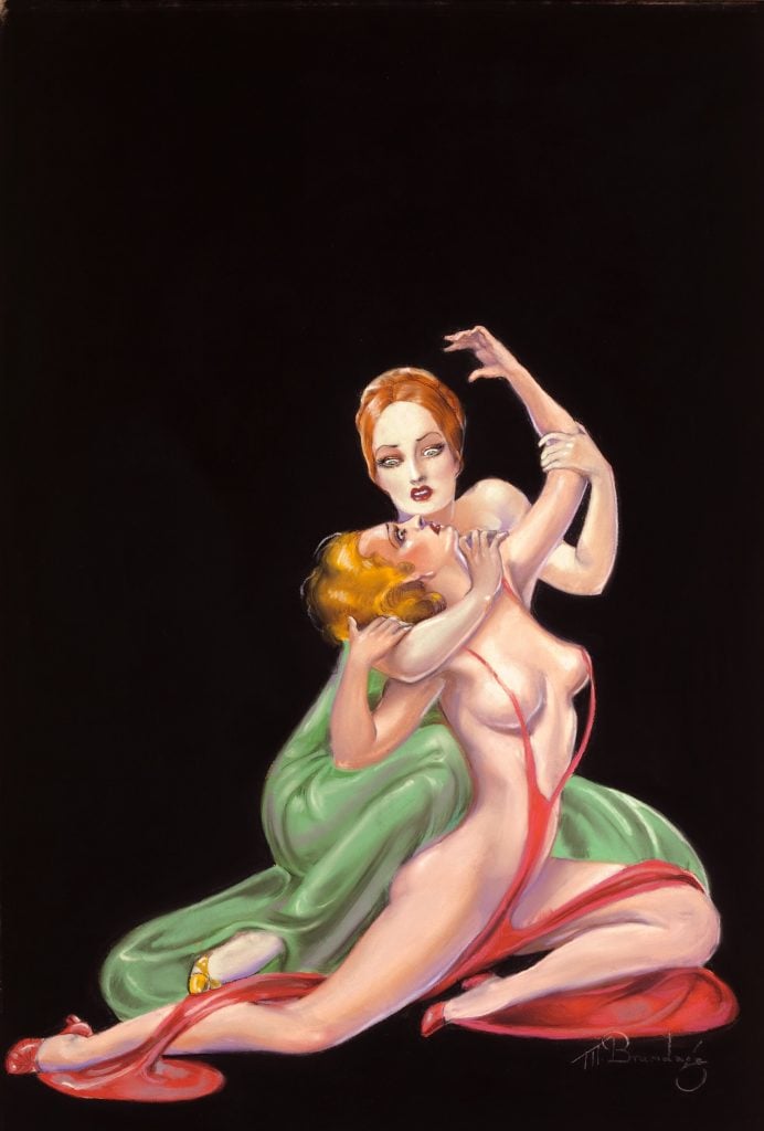 A surreal painting by Margaret Brundage showing two women in a sensual, entwined embrace.