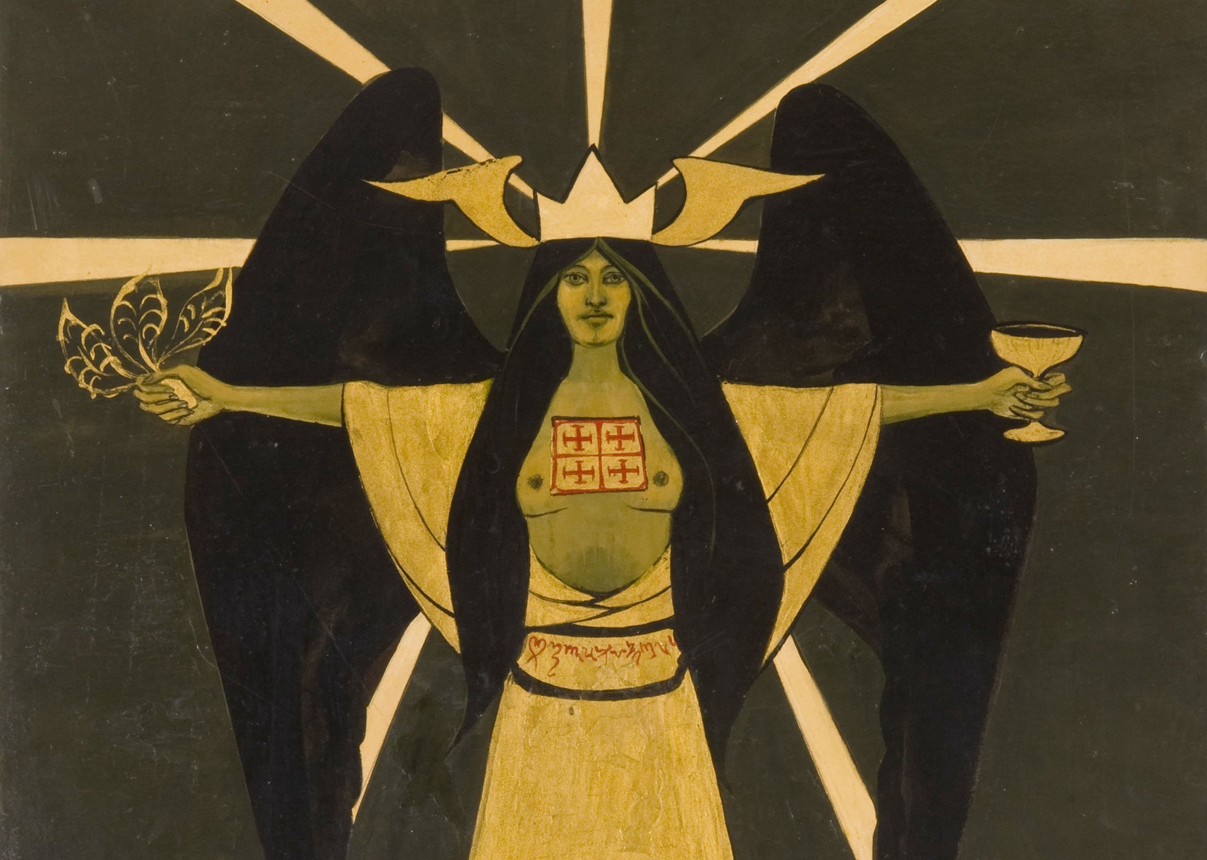 Marjorie Cameron’s mystical artwork depicts a winged figure in golden robes, arms outstretched against a dark background.