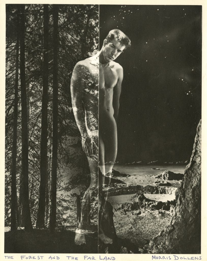 Morris Dollens’ black-and-white collage titled “The Forest and The Far Land,” merging a nude male figure with forest and lunar landscapes.