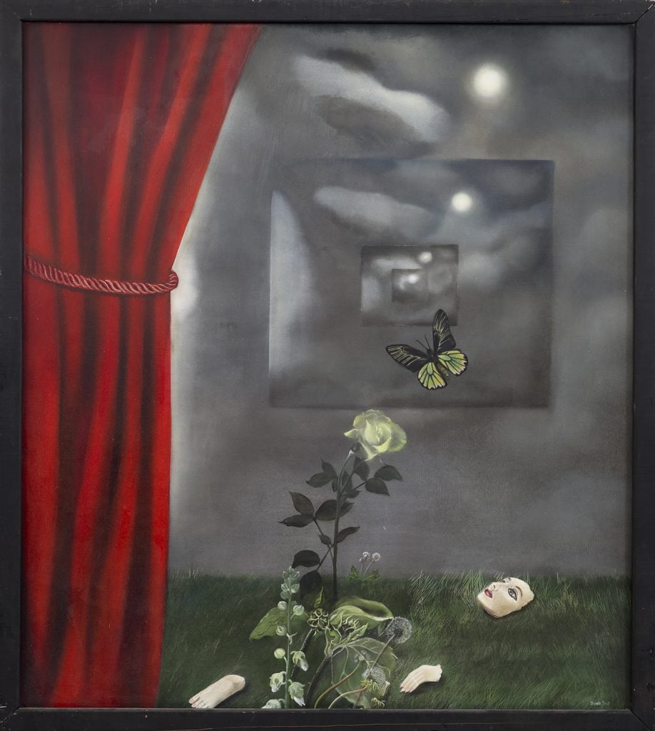 Renate Druks’s surreal painting features a green field, a white rose, a butterfly, and a red theater curtain.