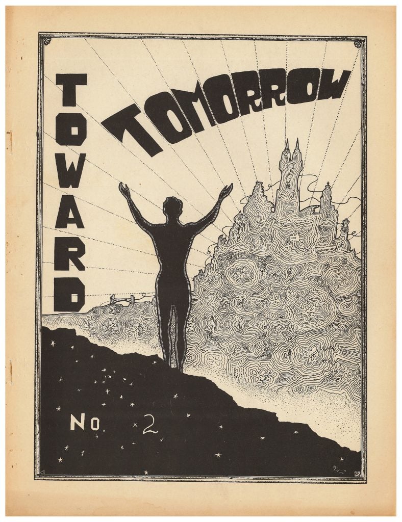 The cover of Toward Tomorrow No. 2, with a silhouetted figure reaching toward a fantastical castle on a hilltop.