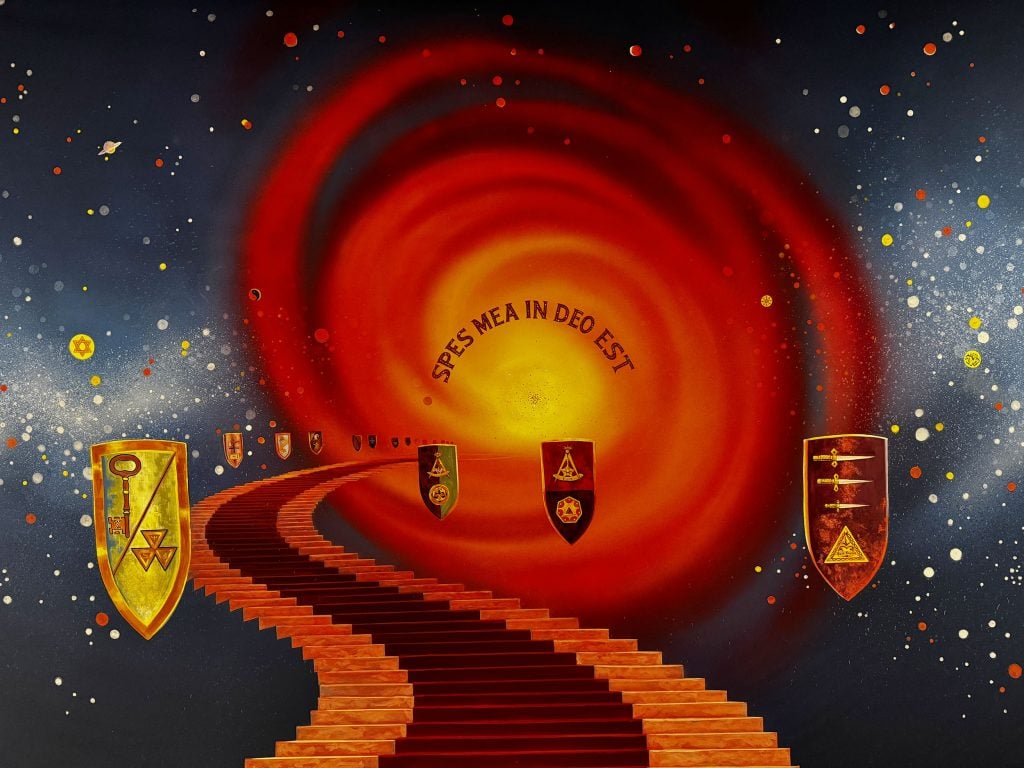 A surreal painted backdrop showing a winding path leading into a red vortex