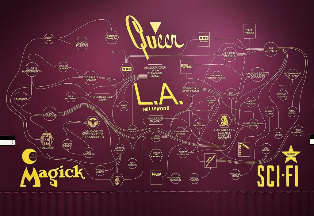 A map of names printed on a wall with the title "Queer L.A."