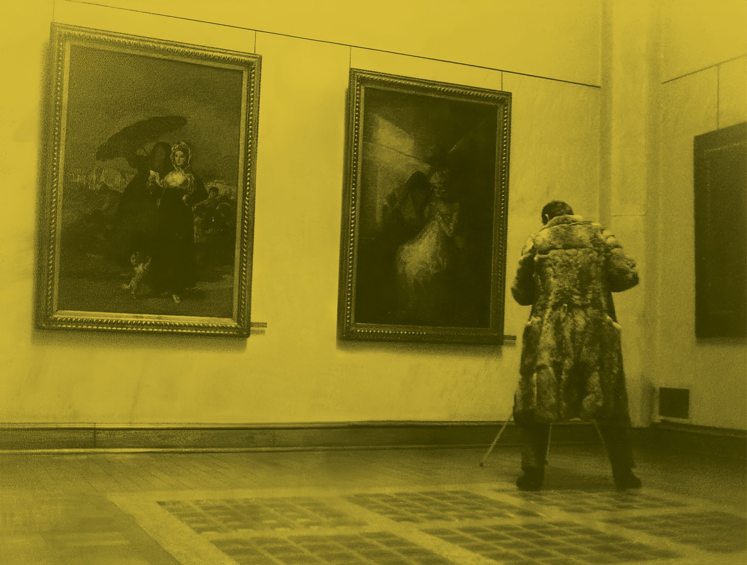 A yellow-tinted photograph of the artist Sigmar Polke taking a photograph of two paintings by Goya in a gallery.