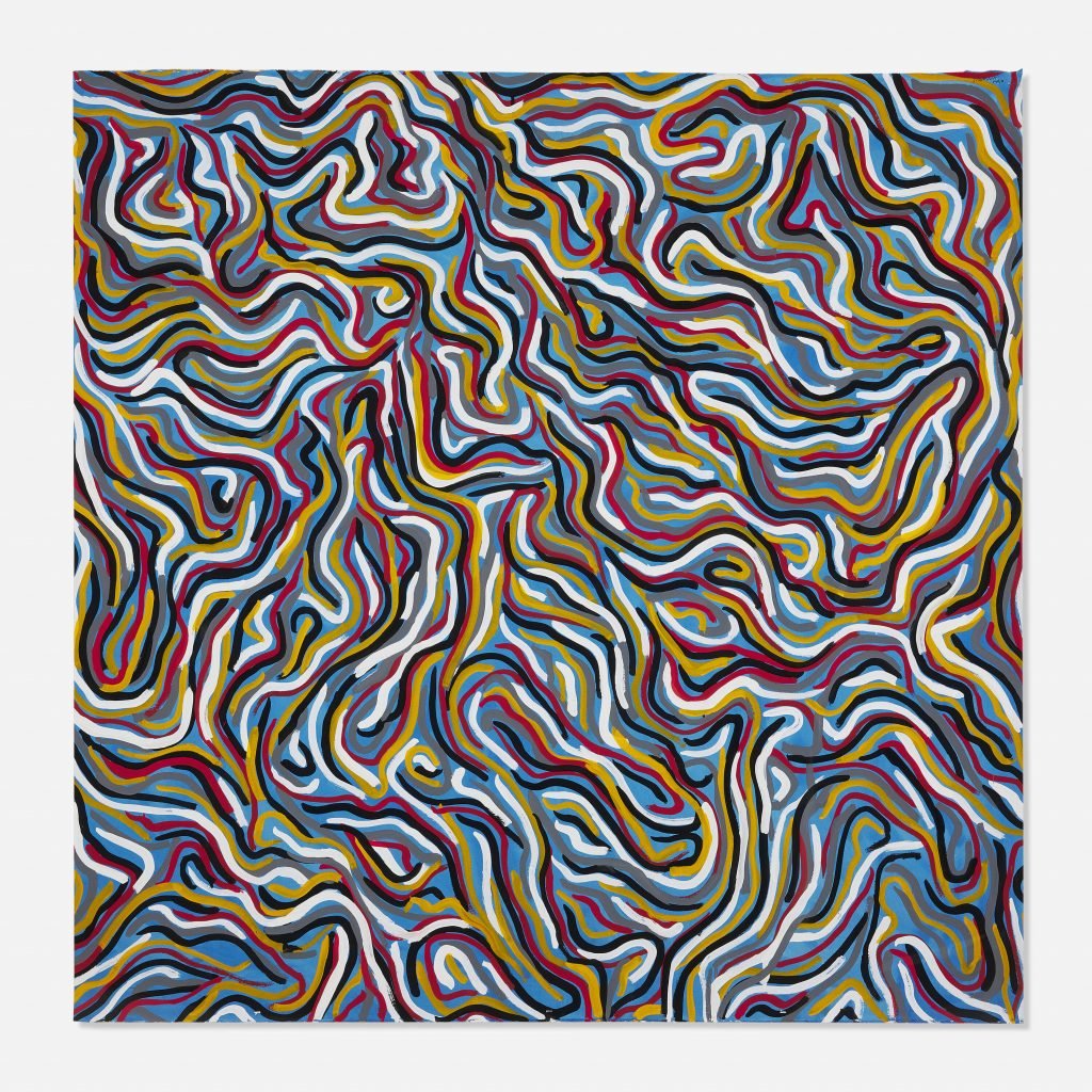 Abstract painting by sol lewitt in rago / wright post-war and contemporary art sale featuring variously colored squiggles overlapping and filling the total canvas.