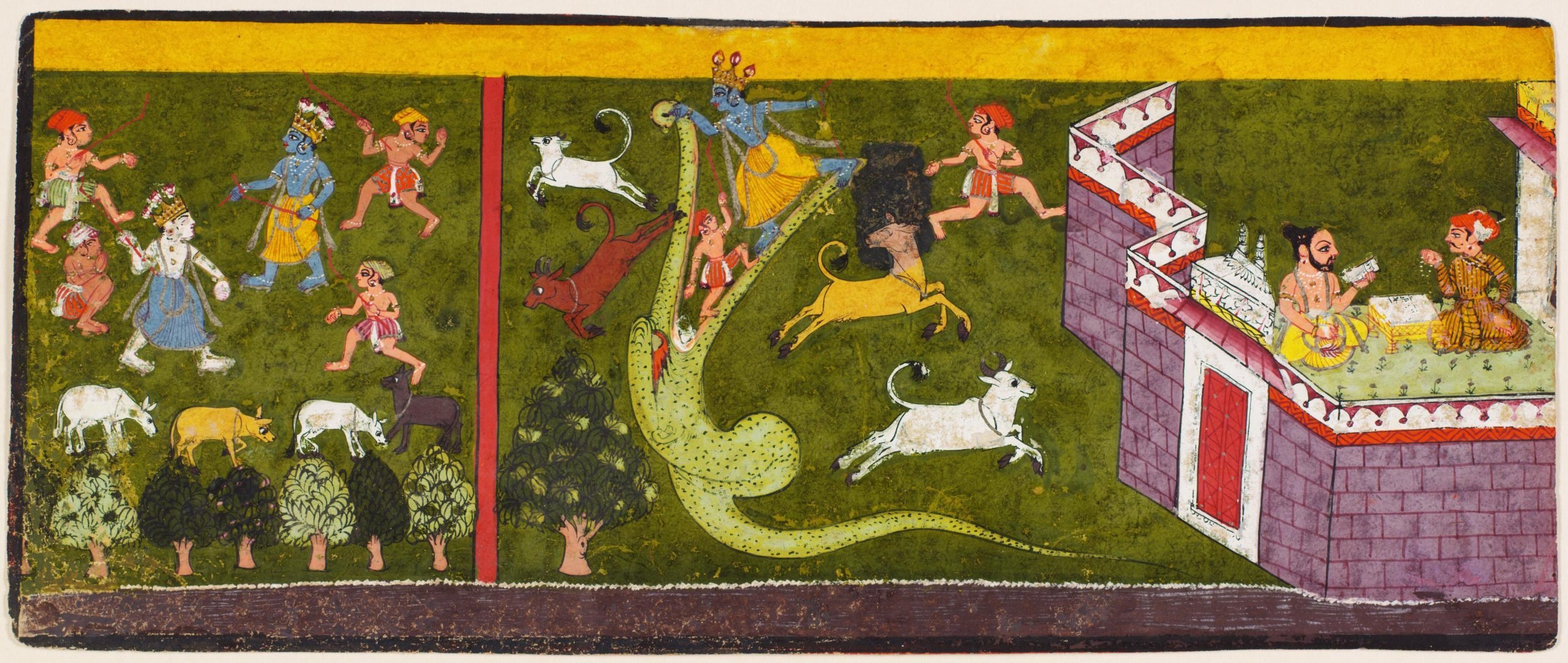 colorful tapestry of people standing on top of a castle looking out over a green field with trees with more people being eaten by a giant crocodile monsters