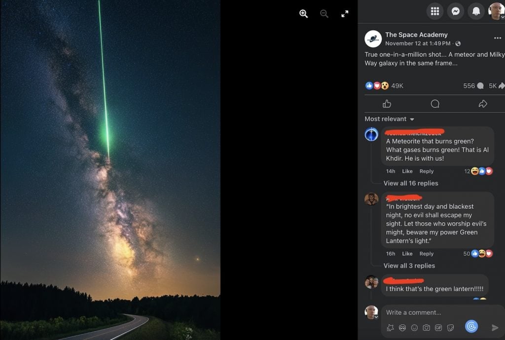 A Facebook page shows an image of a bright green meteor falling through the sky