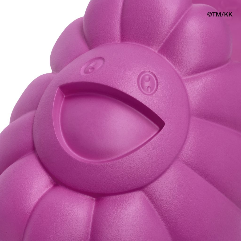 Close-up on Takashi Murakami's smiling flower motif in rubber form