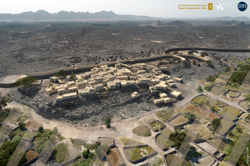 a landscape with the 3D image of a bronze age town nestled in it