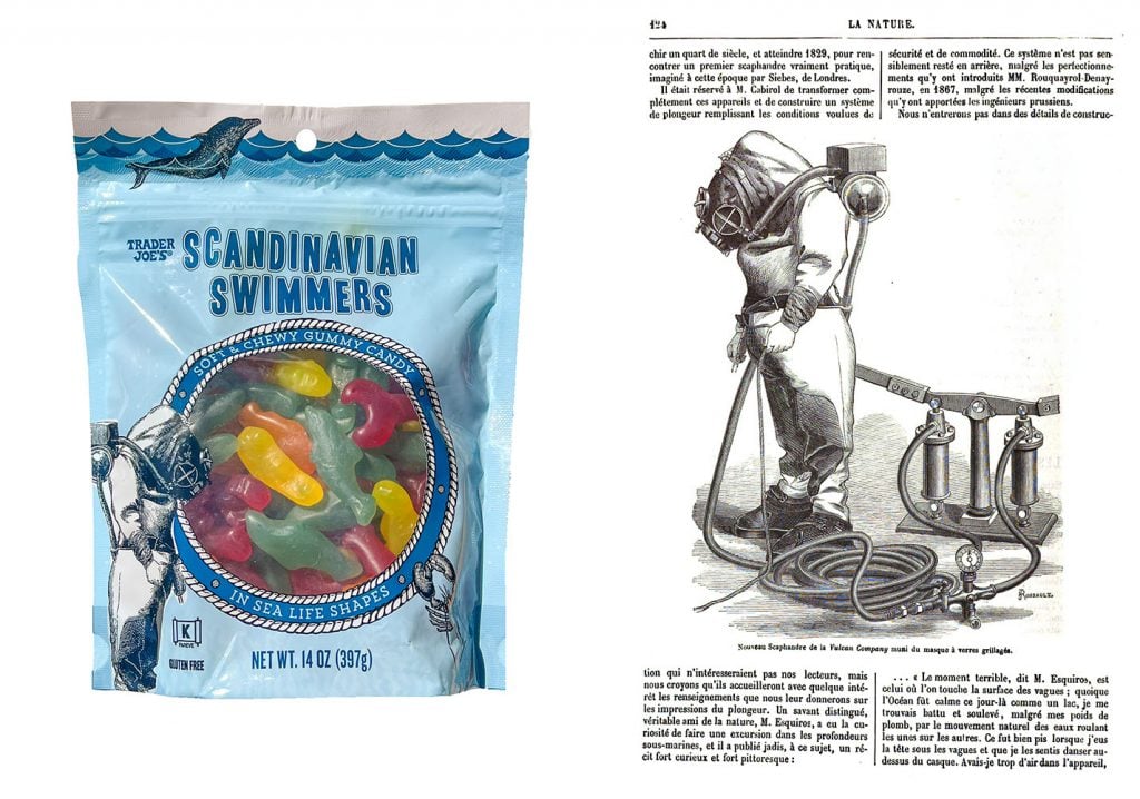 Two panels showing a pack of gummy candies on the left and a 19th-century article with an illustration of a diver