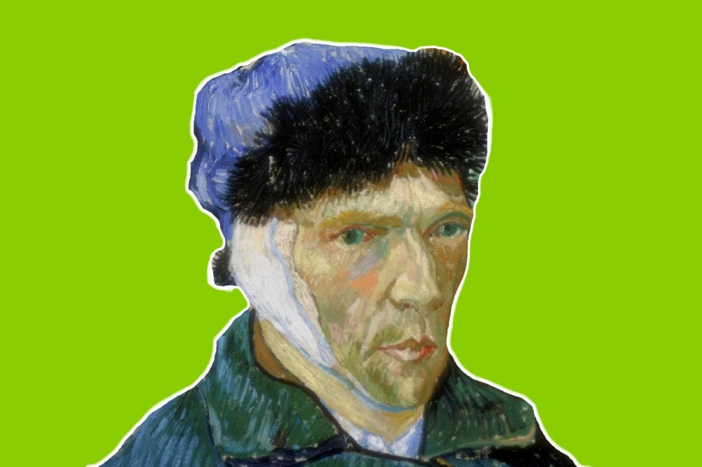 a painting of van gogh against a bright green background