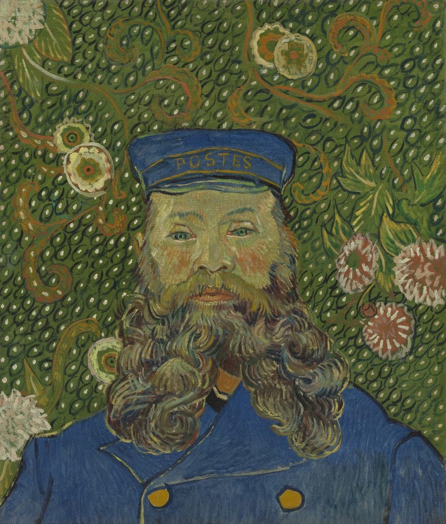 a painting of a ban with a beard in a blue postal worker uniform against a green background