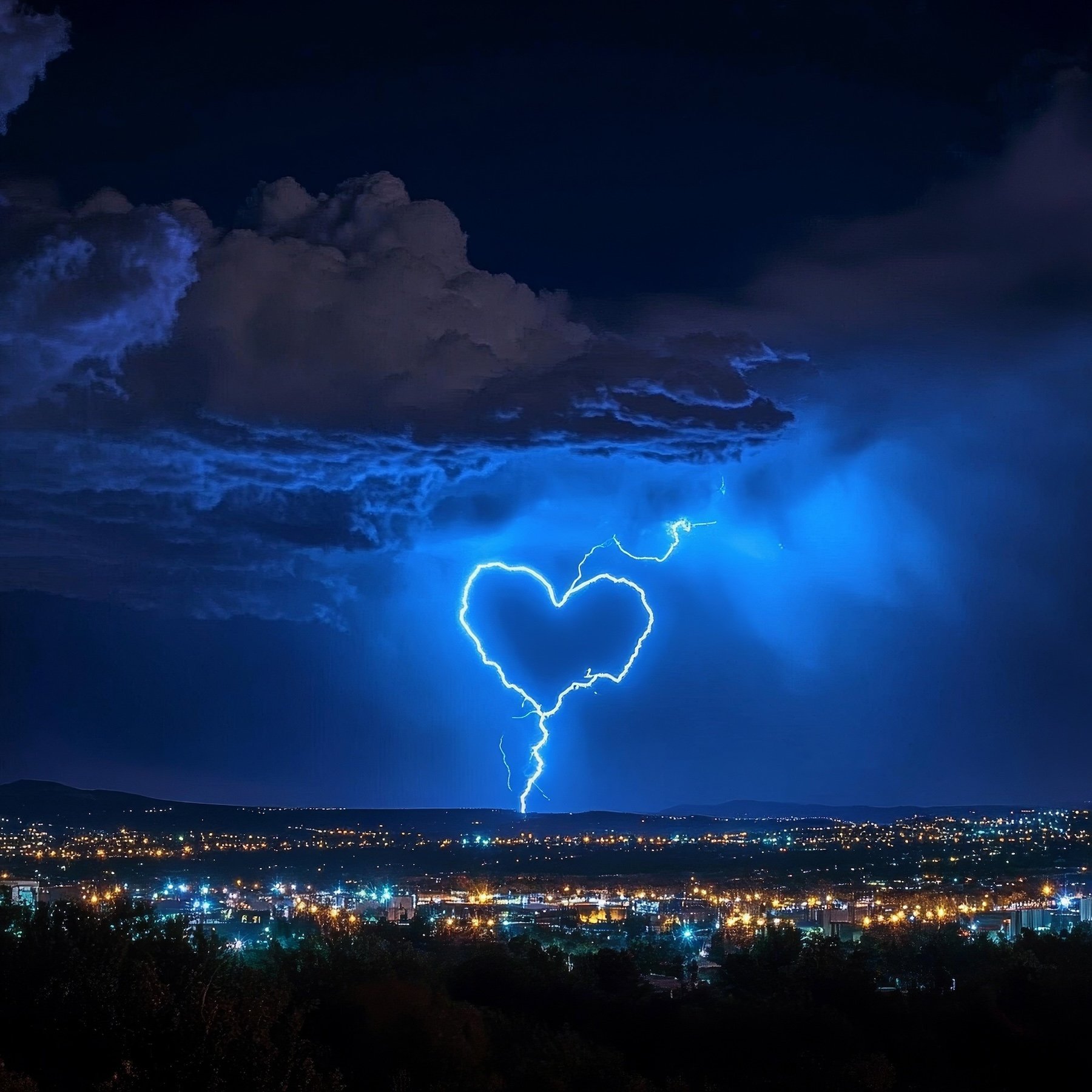 An image of a lightening bold forming the shape of a heart in the sky